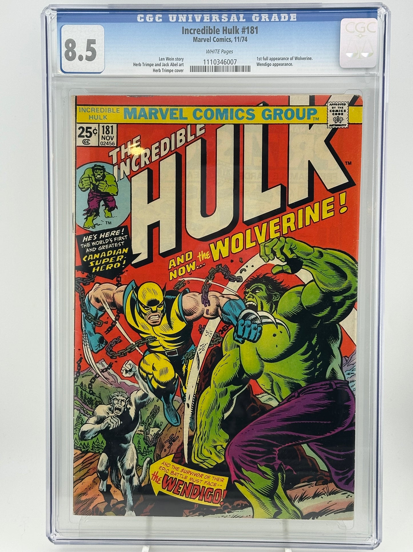Incredible Hulk #181 1974 CGC 8.5 White Pages
